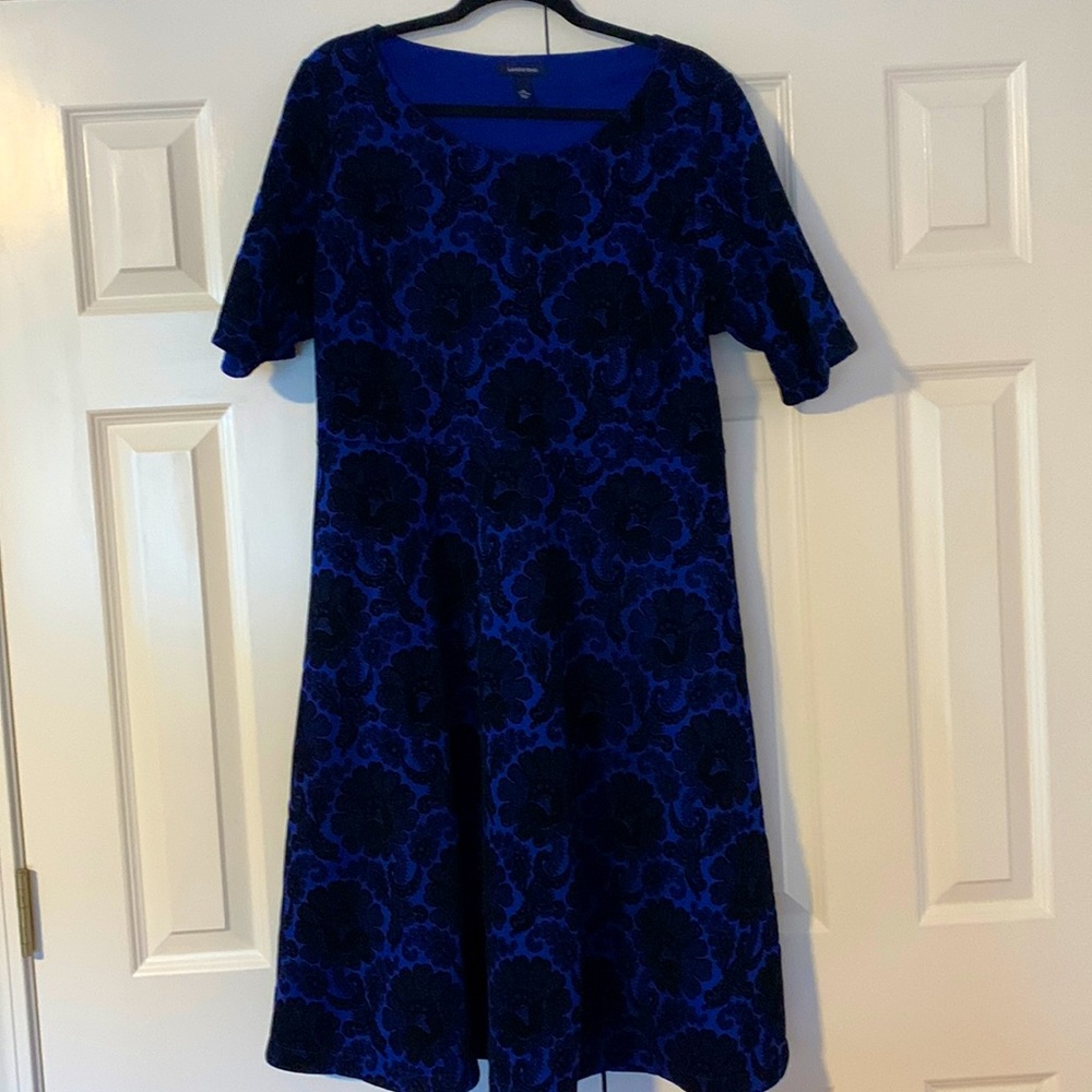 Lands end gorgeous black velvet design on rich blue short sleeve dress